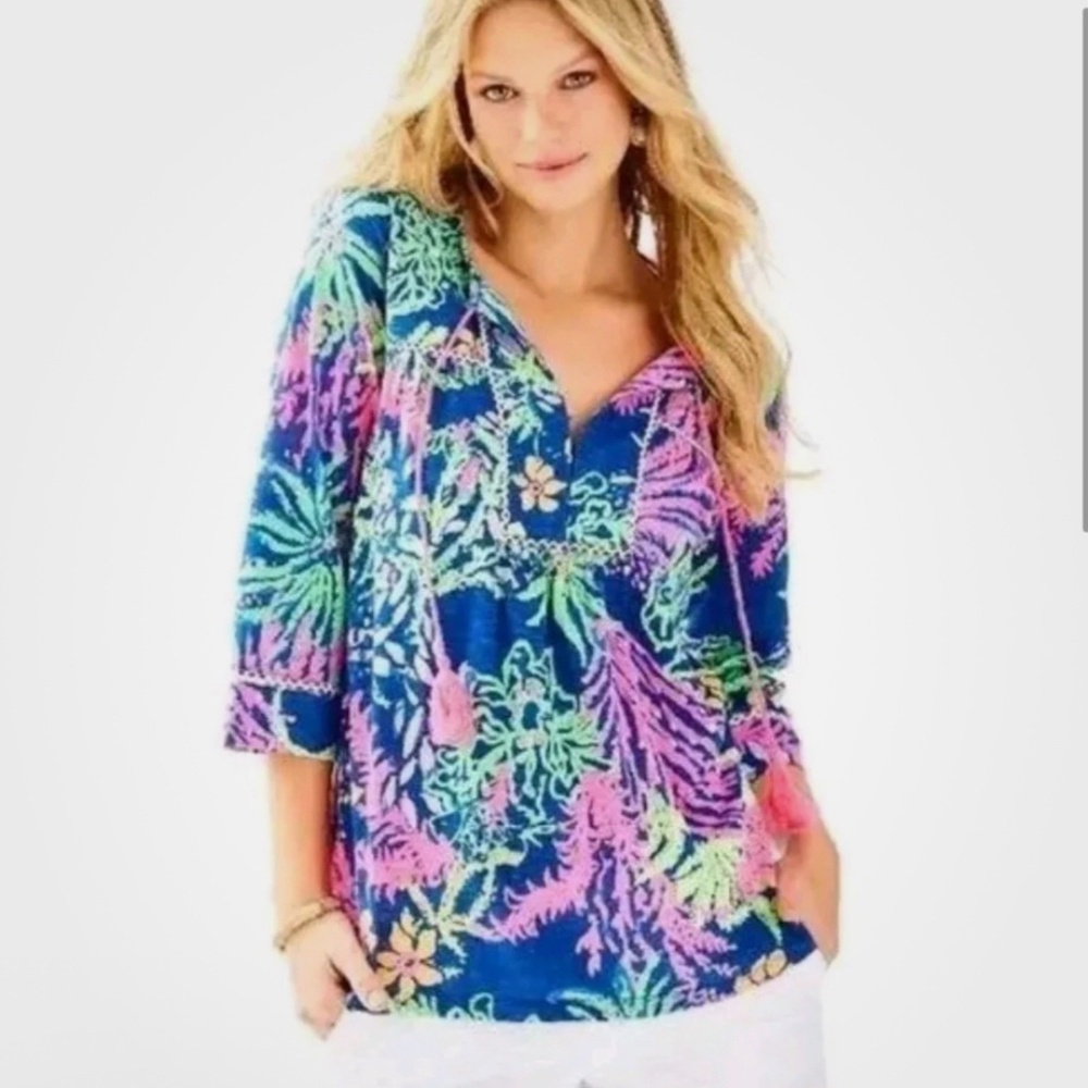 Lilly Pulitzer Tilda Tunic in Indigo All A Glow Neon Top Shirt Small